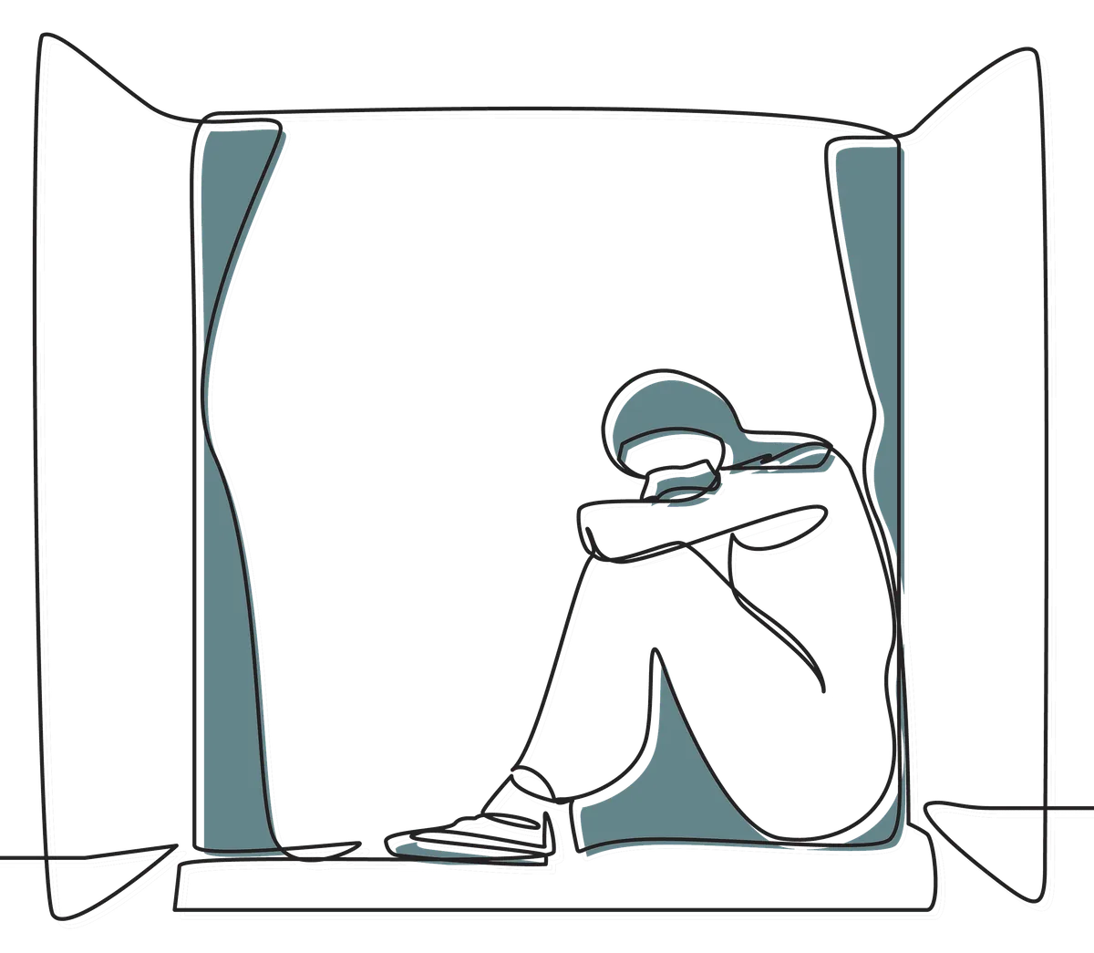 Line drawing of a person sitting hugging their knees in a window frame