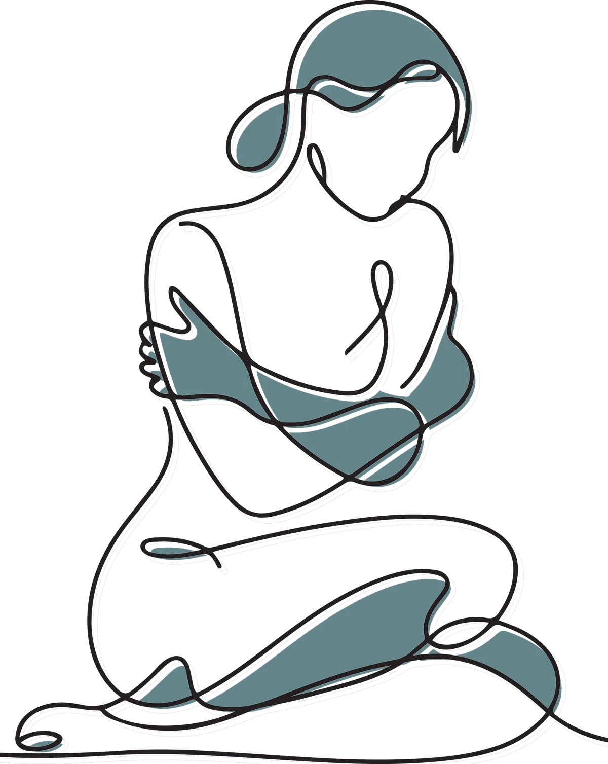 Line drawing of a seated person hugging themselves, in teal